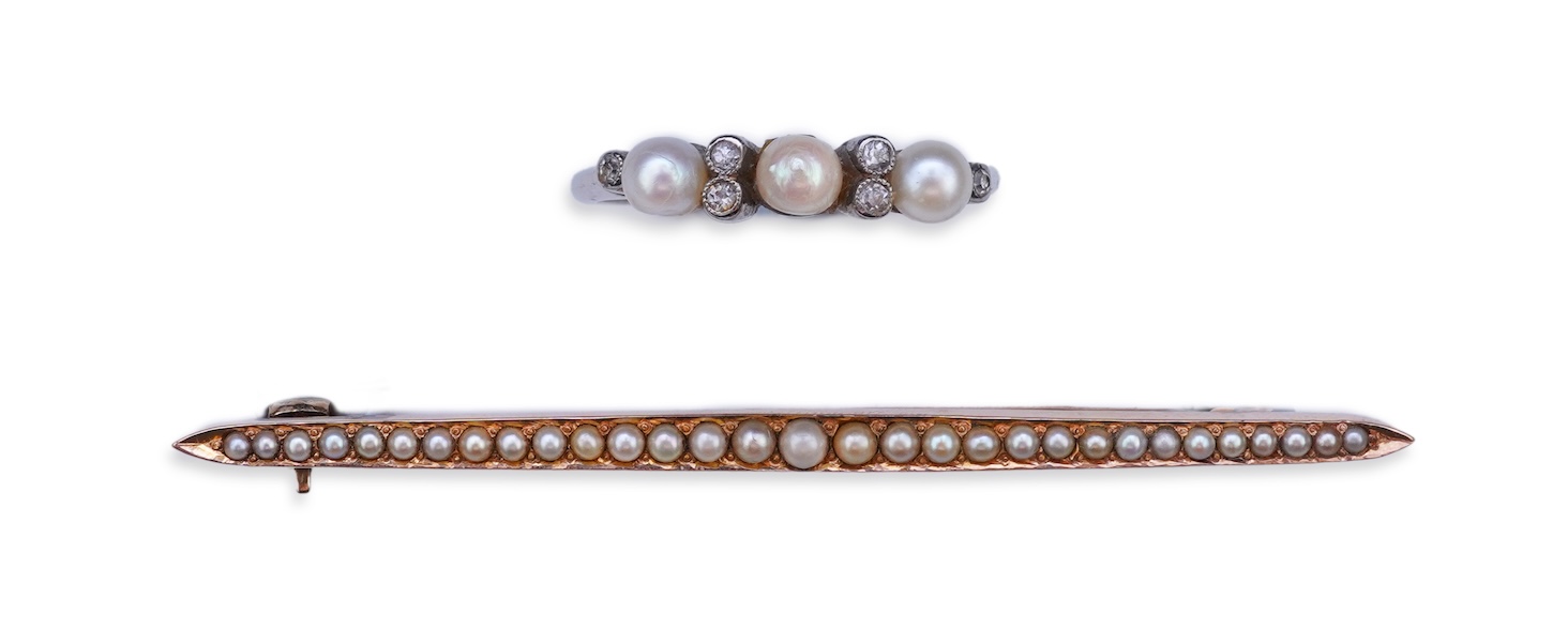 An Edwardian seed pearl brooch and a pearl and diamond ring